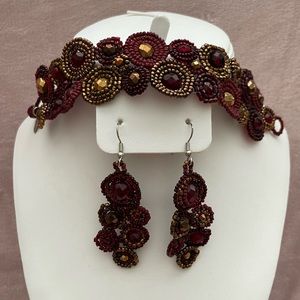 Altiplano Beaded Maroon And Gold Circle Bracelet with Matching Earrings NWOT